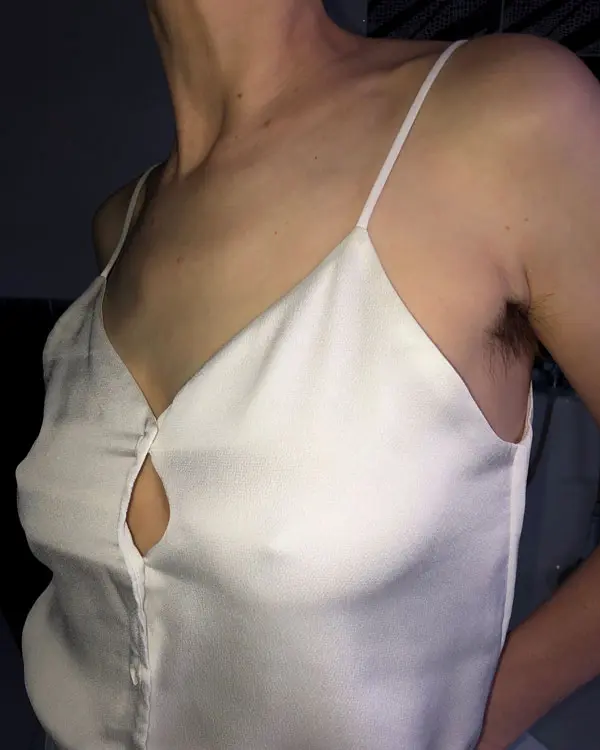 Hairy Elena hairy armpits natural milf in silk blouse no bra visible nipples